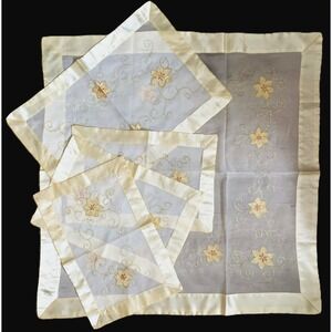 Gold Metallic Semi-Sheer Applique Floral & Satin Table Linens Decor Set 5 pcs